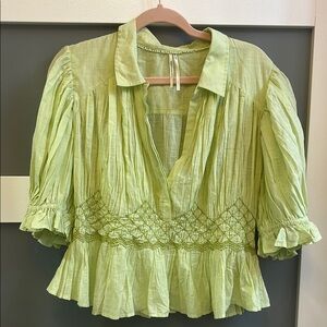 Anthropologie Lime Green Women's Peplum Cotton Top